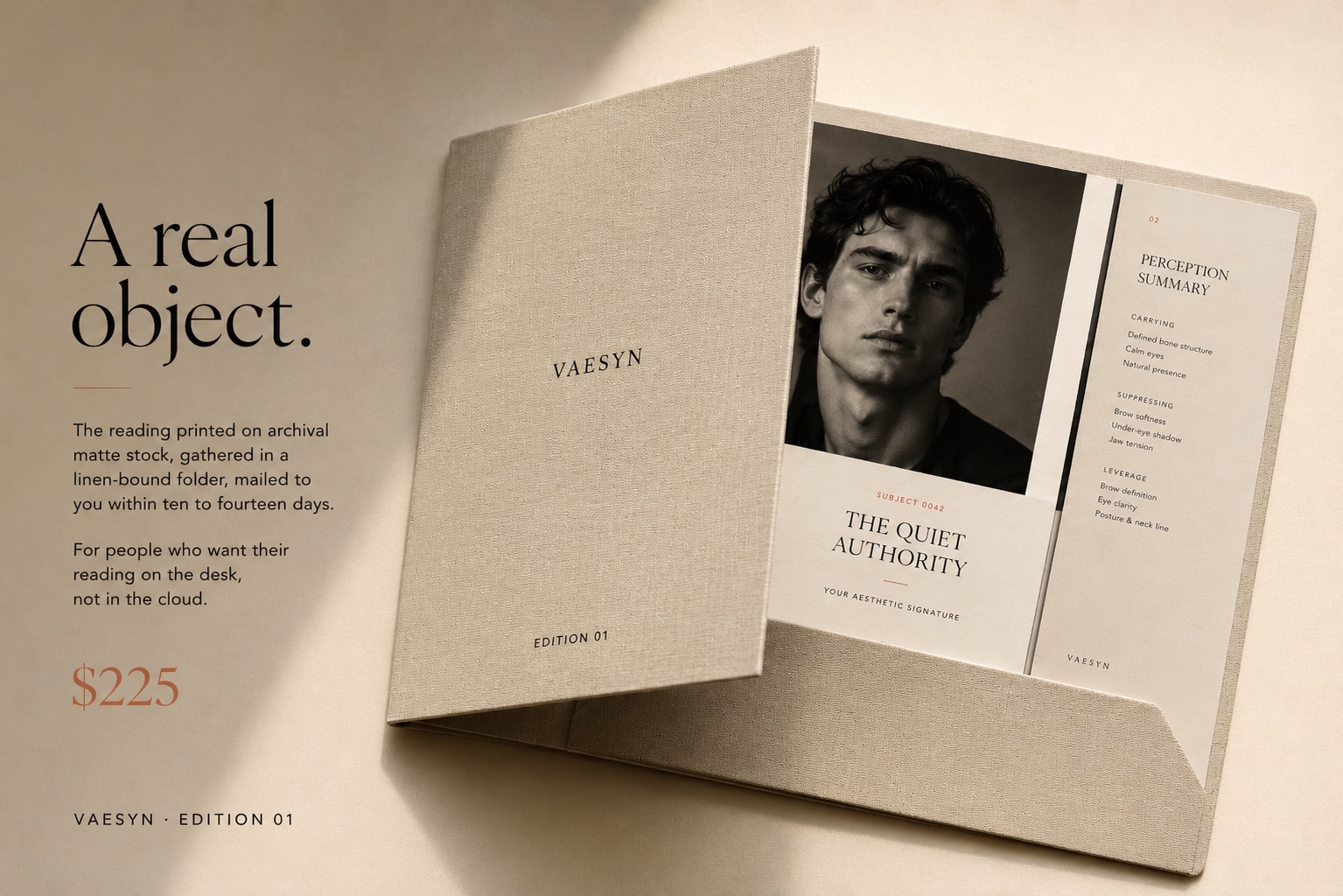 Vaesyn Edition 02: a printed perception reading, gathered in a linen-bound folder, photographed on a bone-toned surface. The Quiet Authority, Subject 0042. $225.